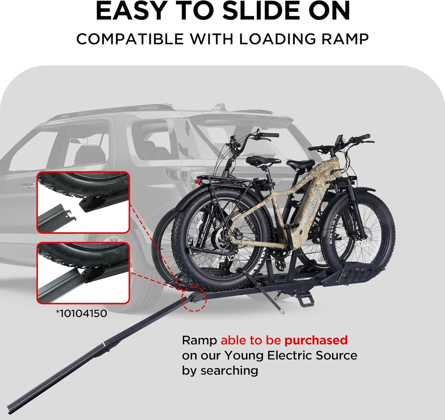 Rockland Foldable 2-Ebike Rack, 200 lbs Capacity, Hitch Mount Electric Bike Rack, Fits up to 5" Fat Tire Width and 50" Wheelbase, Ebike Carrier Rack for 2" Receiver for Cars SUVs Vans RVs