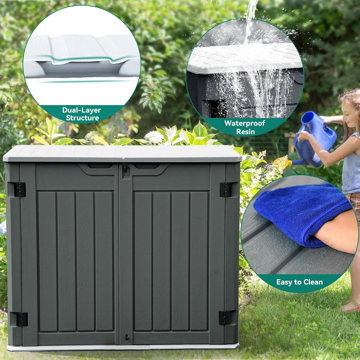 YITAHOME Extra Large Outdoor Horizontal Storage Shed, 4.5x4ft Resin Tool Sheds w/o Shelf, Easy to Assemble Waterproof Storage for Trash Cans, Garden Tools, Lawn Mower, Lockable, Dark Gray