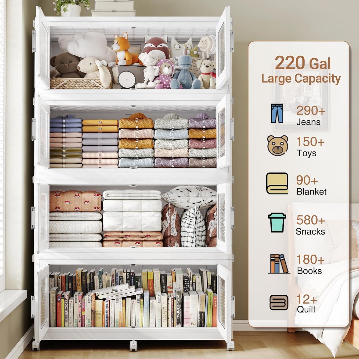 880 Qt Stackable Storage Bin with Lid, 220Gal Extra Large Collapsible Storage Boxes, Folding Plastic Drawer, Heavy-Duty Store Cabinet, Closet Organizer for Home Kitchen, 4 Pack White