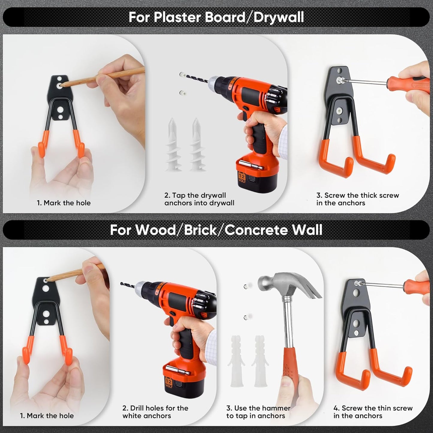 Nacial 16 Pack Garage Hooks Heavy Duty, Utility Steel Garage Storage Hook with 2 Extension Cord Storage Straps, Utility Garage Wall Mount Hooks for Hanging Bike, Ladder and Garden Tools, Orange