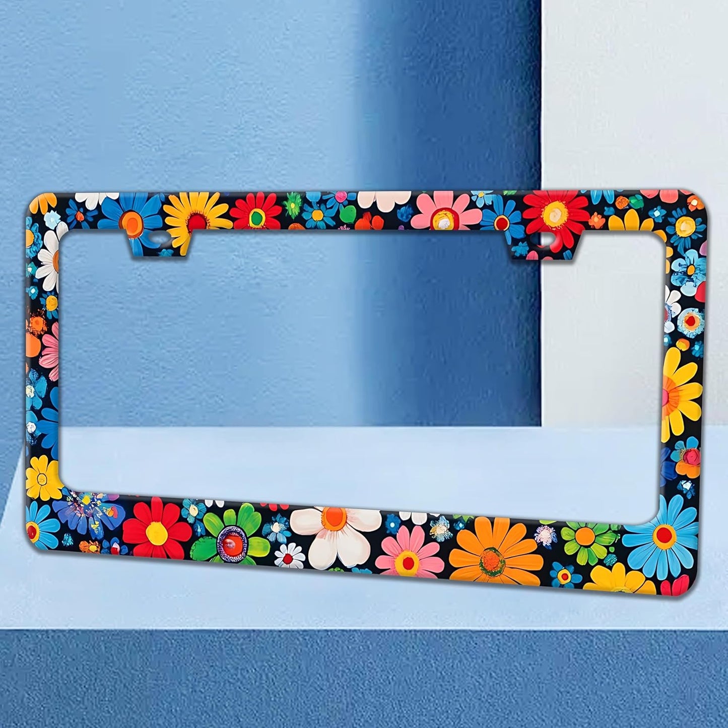 Colorful Flowers Print License Plate Frame Beautiful Floral License Plate Holders Funny Stainless Steel Auto Accessory Bracket 2 Hole with Screws Universal Us Car License Plate Frames 6x12 Inch
