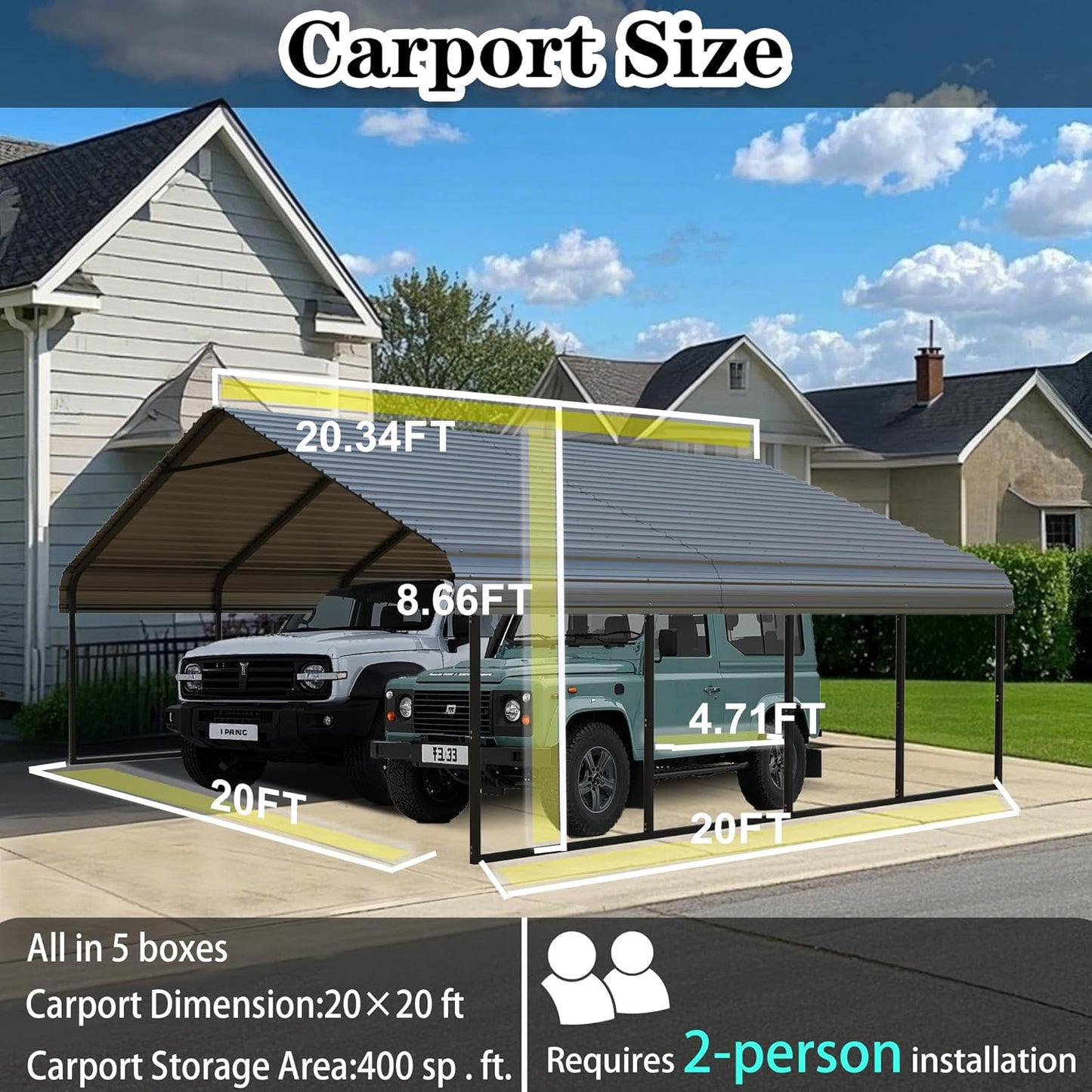 10x20FT/20x20 FT Metal Carport Heavy Duty for 2 Cars - Frame Shelter Car Garage Kits for All-Weather,Car Canopy Reinforced with Safe Boat Cover Car Ports for Yard Protection (20 X 20 FT)