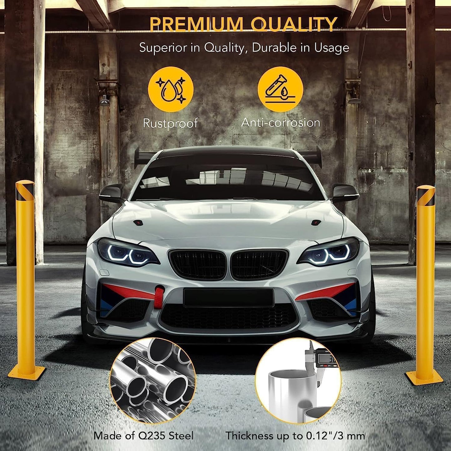 4-Pack Heavy Duty Safety Bollards, 42" Height, 4.5" Diameter Steel Pipe Bollard Post with 16 Anchor Bolts, High-Visibility Yellow Parking Bollard for Traffic Control, Warehouses, & Pedestrian Safety