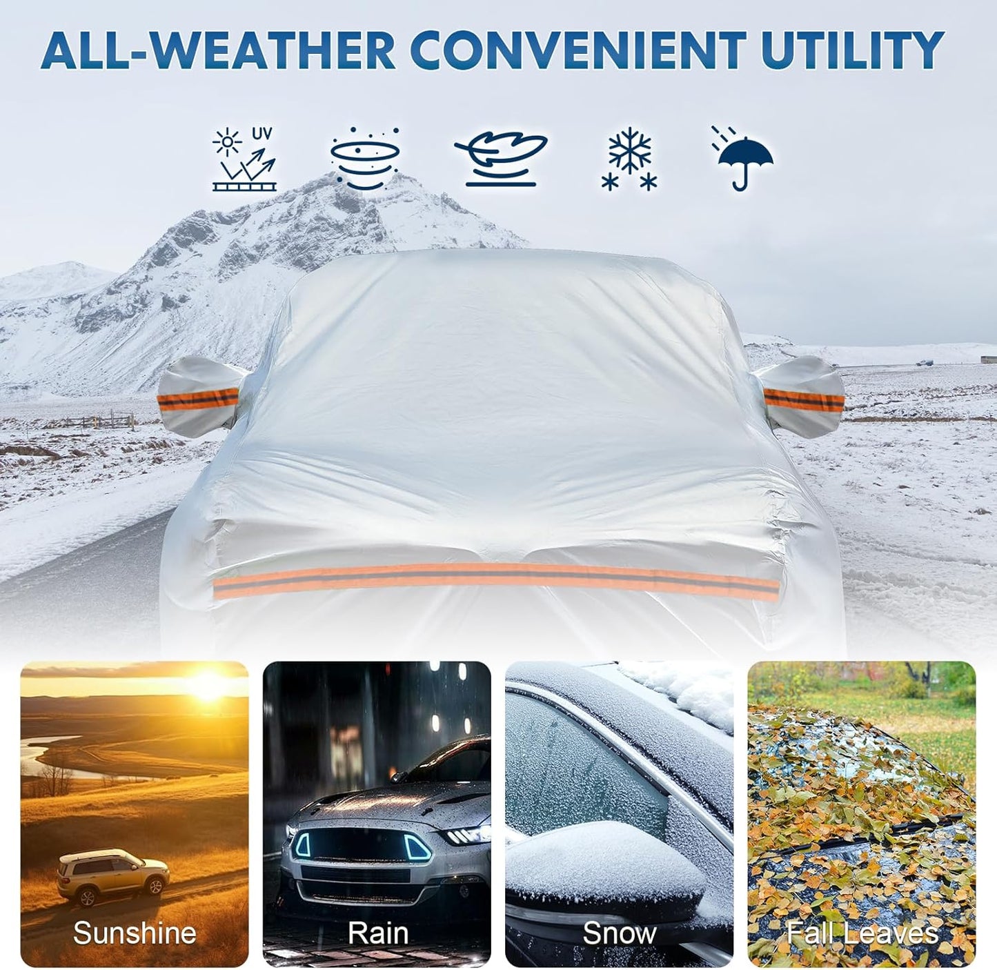 KEYOOG Car Cover, Fit for 213"-237" Length Pickup Truck, 6-Layer All-Weather Waterproof, Universal in All Seasons, Snow Prevention, Rainproof, Acid Rainproof, Sunscreen, Orange Reflective Strip