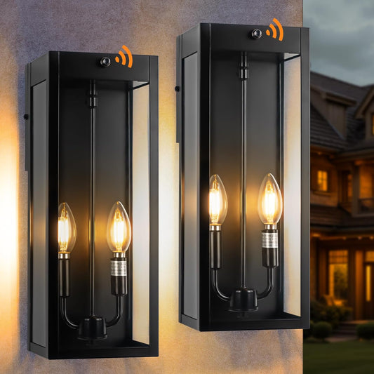 16” Dusk to Dawn Outdoor Lighting, 2 Pack Black Modern Porch Outside Lights for House 2-Light, Photocell Sensor Exterior Patio Coach Wall Lanterns Outside Garden Sconce Lamps Waterproof E12
