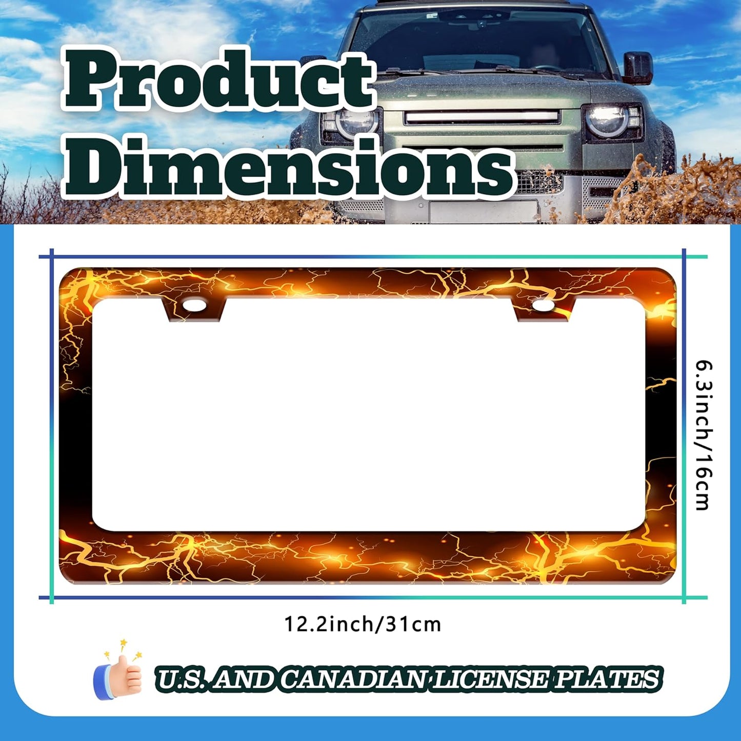 Yellow Red Thunder and Lightning License Plate Frame Fantasy Landscape License Plate Holder for Front and Rear Car Tags Stainless Steel Car Funny Decoration with Screws 6.3 X 12.2 Inch for Men Women