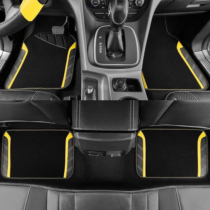 CAR PASS Leather Steering Wheel Cover and Waterproof Car Floor Mats,Microfiber Universal Car Combo Fit for 95% Sedan SUV Van Truck,14.5-15 inch Sporty Anti-Slip Safety Comfortable Design, Black＆Yellow