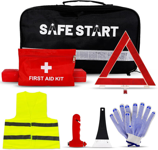 Car Emergency Kit - Car Safety Kit with First Aid, Safety Hammer, Reflectors, Gloves, Ice Shovel - Compact Roadside Tool Kit for Repairs, Snow, Accidents - Protect Your Family on The Road