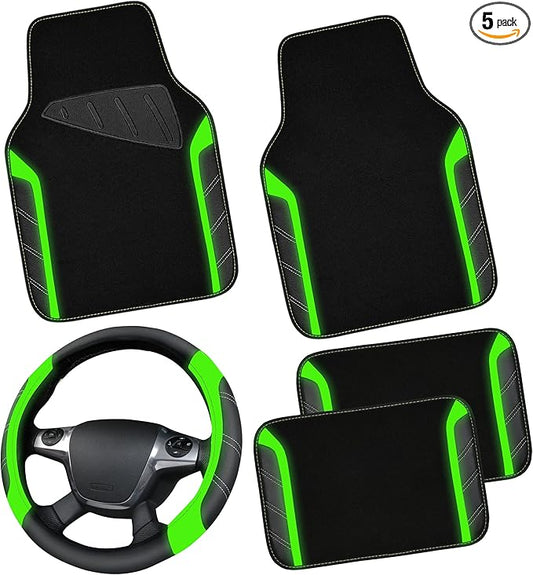 CAR PASS Leather Steering Wheel Cover and Waterproof Car Floor Mats,Microfiber Universal Car Combo Fit for 95% Sedan,SUV,Cars,14.5-15inch Sporty Anti-Slip Comfortable Design(Black＆Fluorescence Green)