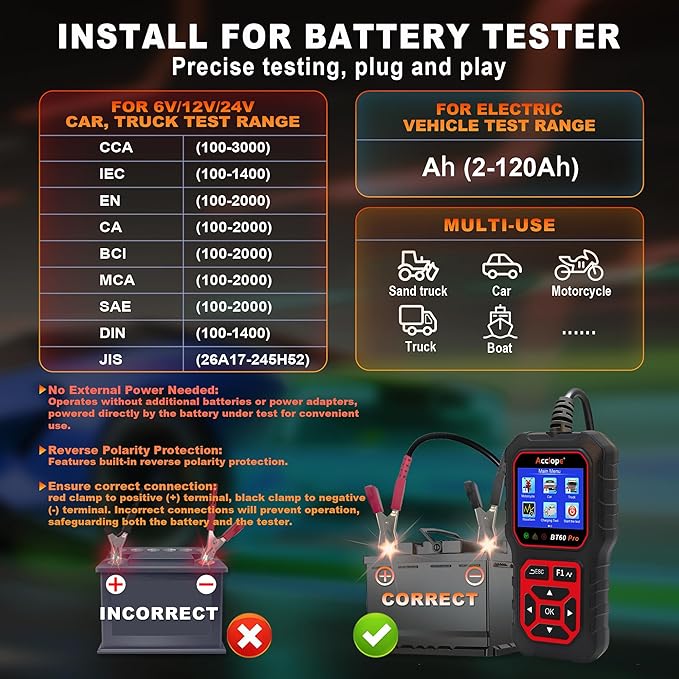 BT60 Pro Car Battery Tester with Cloud Printing,100-3000 CCA, Digital Analyzer for 6V/12V/24V Batteries, AGM Lithium Gel Battery Checker, Automotive Alternator System