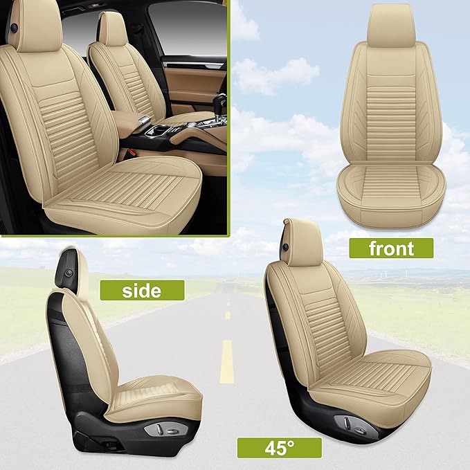 AOOG Leather Car Seat Covers, Leatherette Automotive Seat Covers for Cars SUV Pick-up Truck, Non-Slip Vehicle Car Seat Covers Universal Fit Set for Auto Interior Accessories, Front Pair, Beige