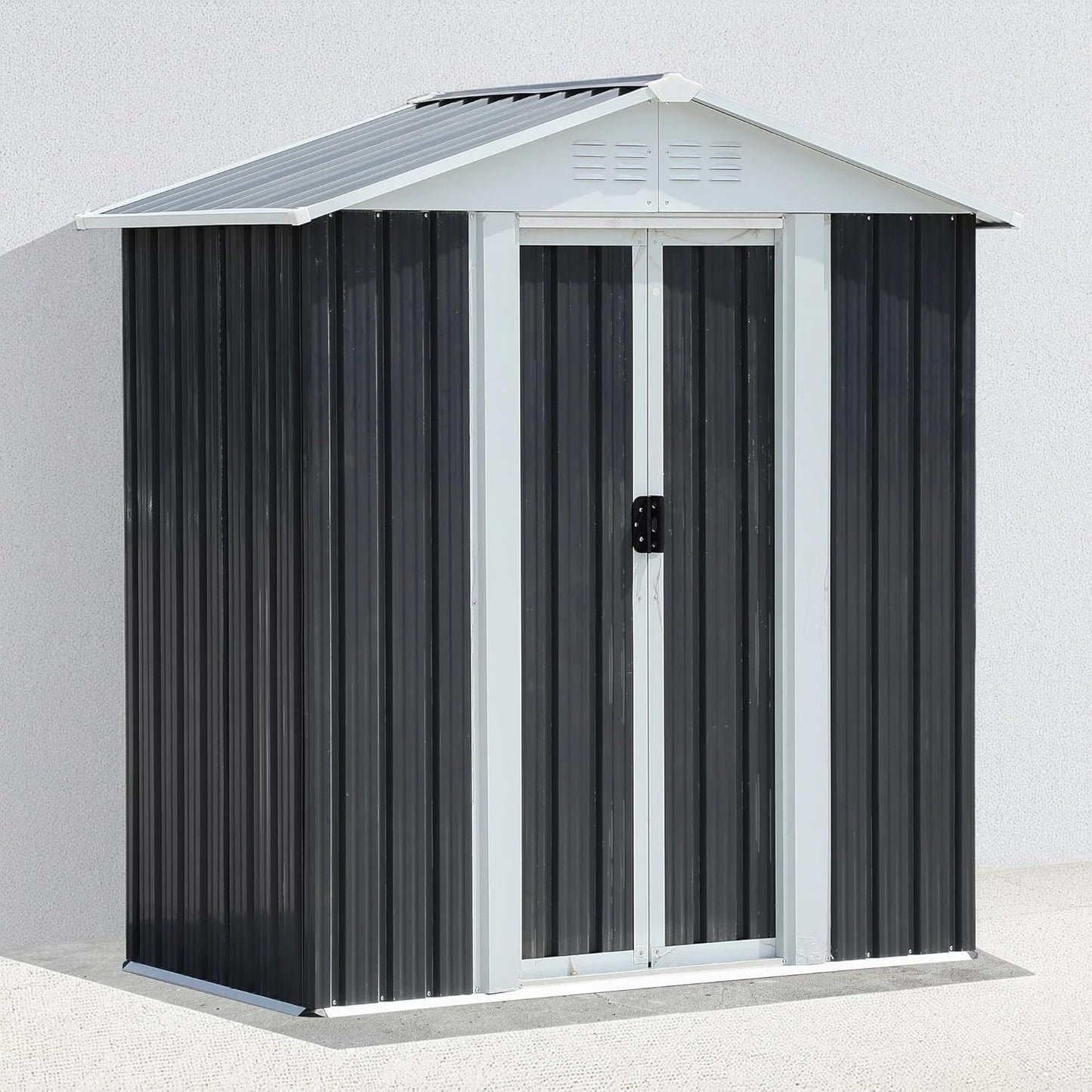5X3 FT Outdoor Storage Shed with Floor Base, Waterproof Metal Garden Sheds w/Lockable Sliding Doors and Vents, Weather Resistant Tool Storage House for Backyard, Patio, Lawn, Dark Grey
