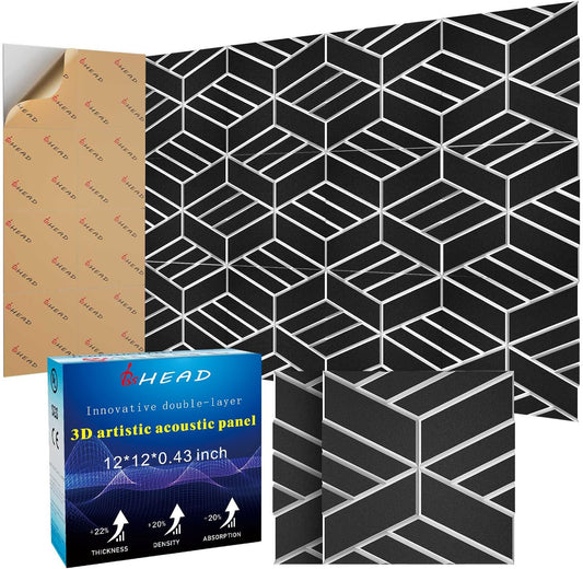 12 Pack 2-Layer Soundproof Wall Panels, 12 x 12 x 0.43 in Sound Proof Foam Panels for Walls, 1.1lb/ft* High Density, Thicker 0.43 in, 3D Acoustic Panels,Artistic Noise Dampening Panels Black&White