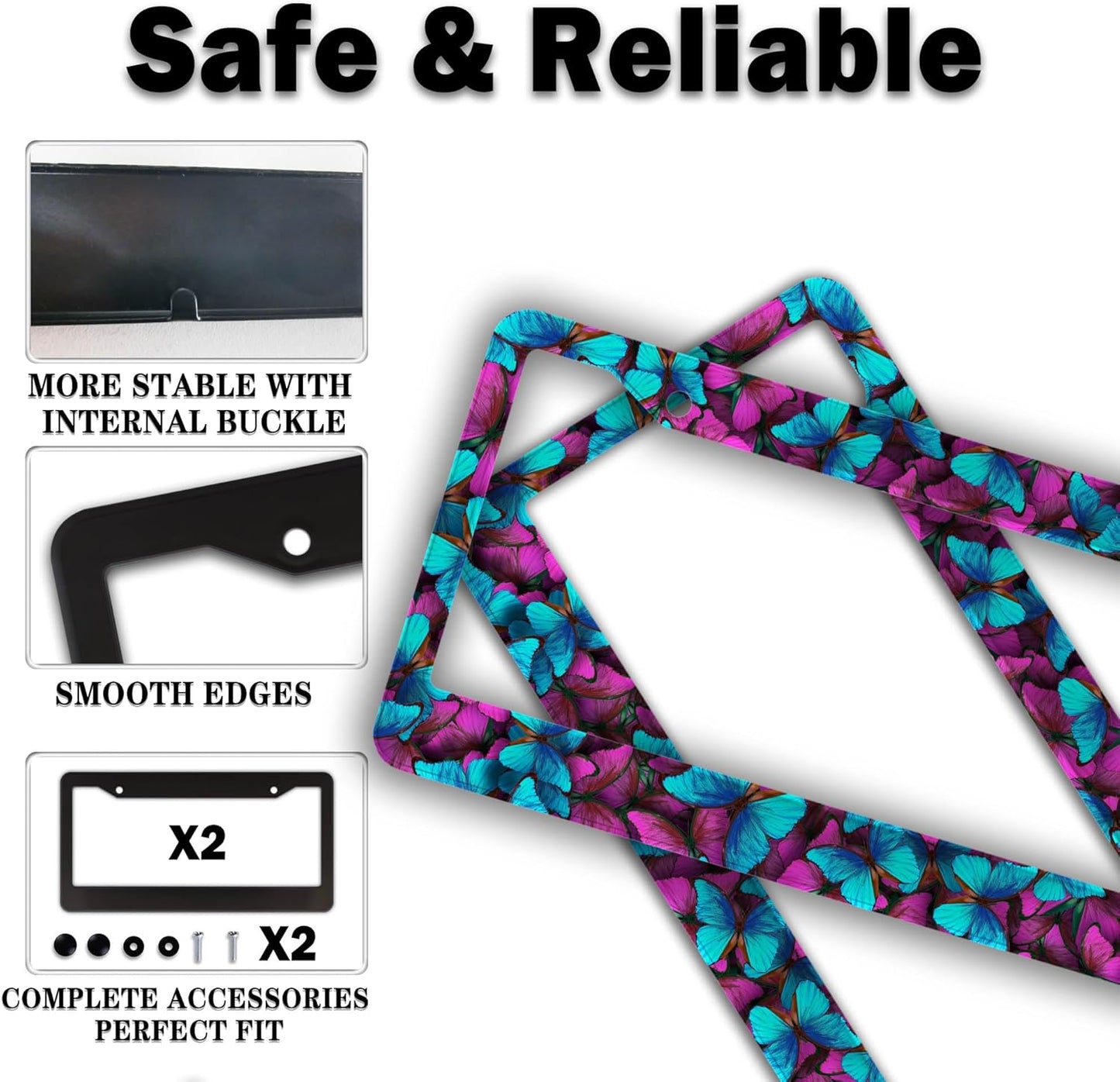 License Plate Frames Multicolor Car Plate Frame for Women Blue Purple Butterfly Women Universal Aluminum Car Accessory 2 Pack with Screw Covers Set