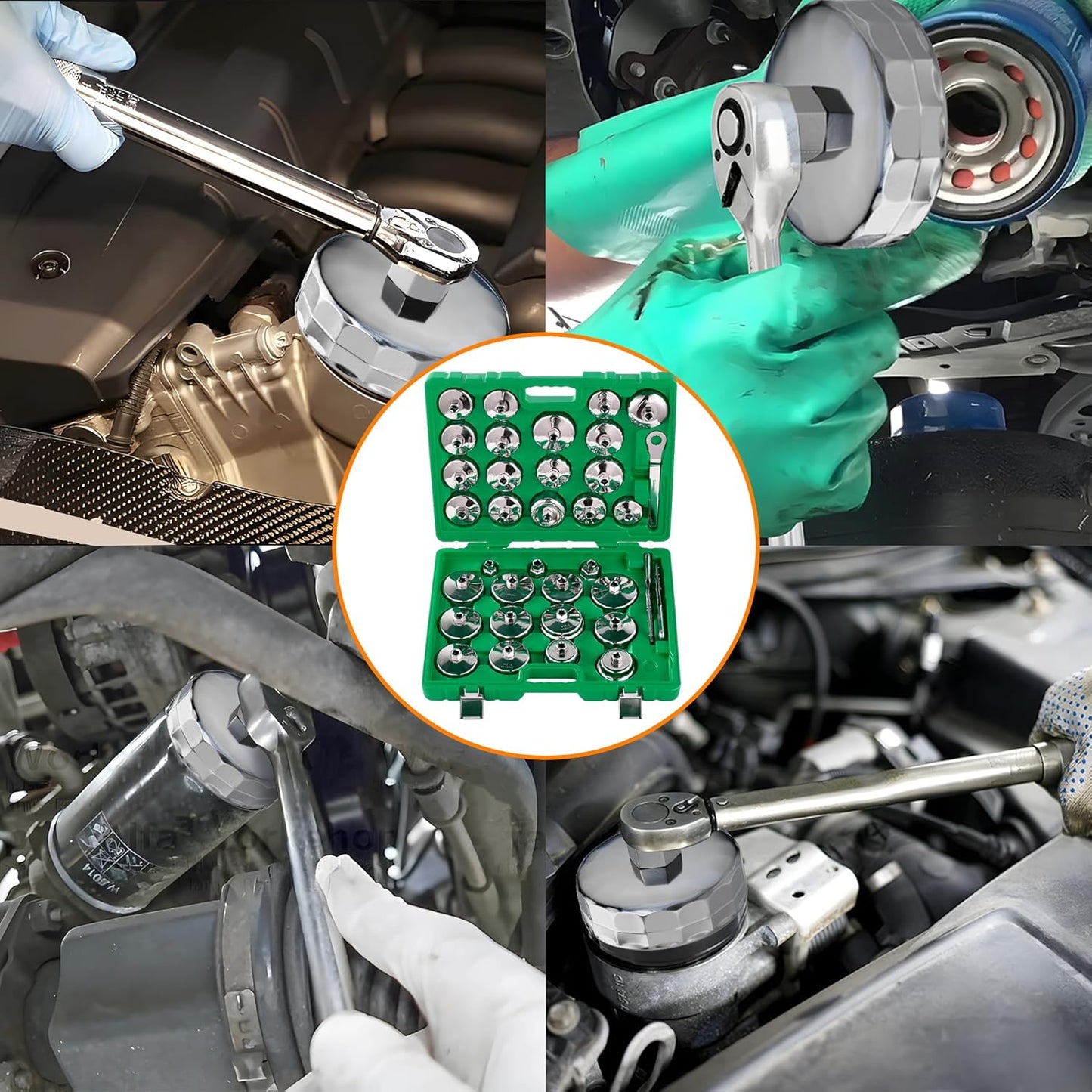 Auto Oil Filter Socket Wrench Set, Cup Type 1/2 inch Drive Cap Removal Tool, with Drain Plug Socket Set/Adjustable/Drive, Compatible, all Models Car, SUV, Oil Filter (35, GREEN)