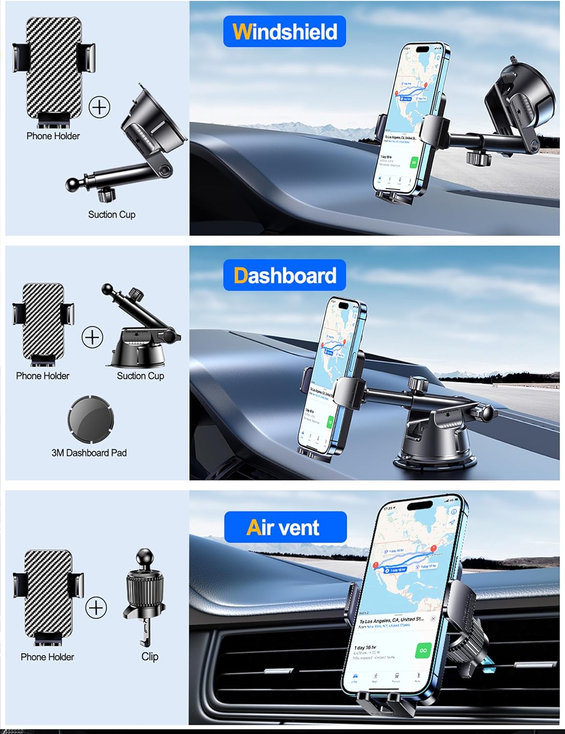 Qifutan Dash Mounted Holders Phone Holders for Your Car Phone Mount for Car Windshield Dashboard Air Vent Universal Hands Free Automobile Cell Phone Holder Fit for iPhone Smartphone