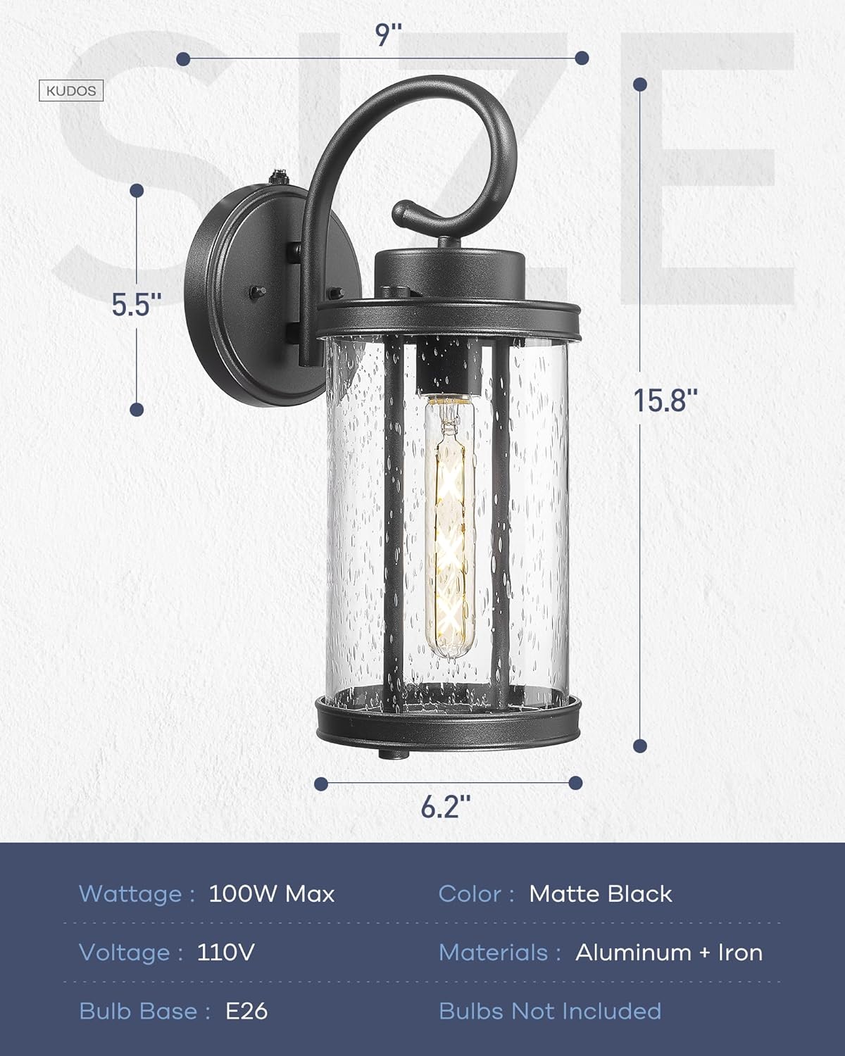 kudos Dusk to Dawn Outdoor Lighting, 15.8 inch Large Cylinder Porch Lights, Anti-Rust Waterproof Outdoor Wall Light for Patio, Garage, Black with Seeded Glass, KDOWL01-BK-L-LC