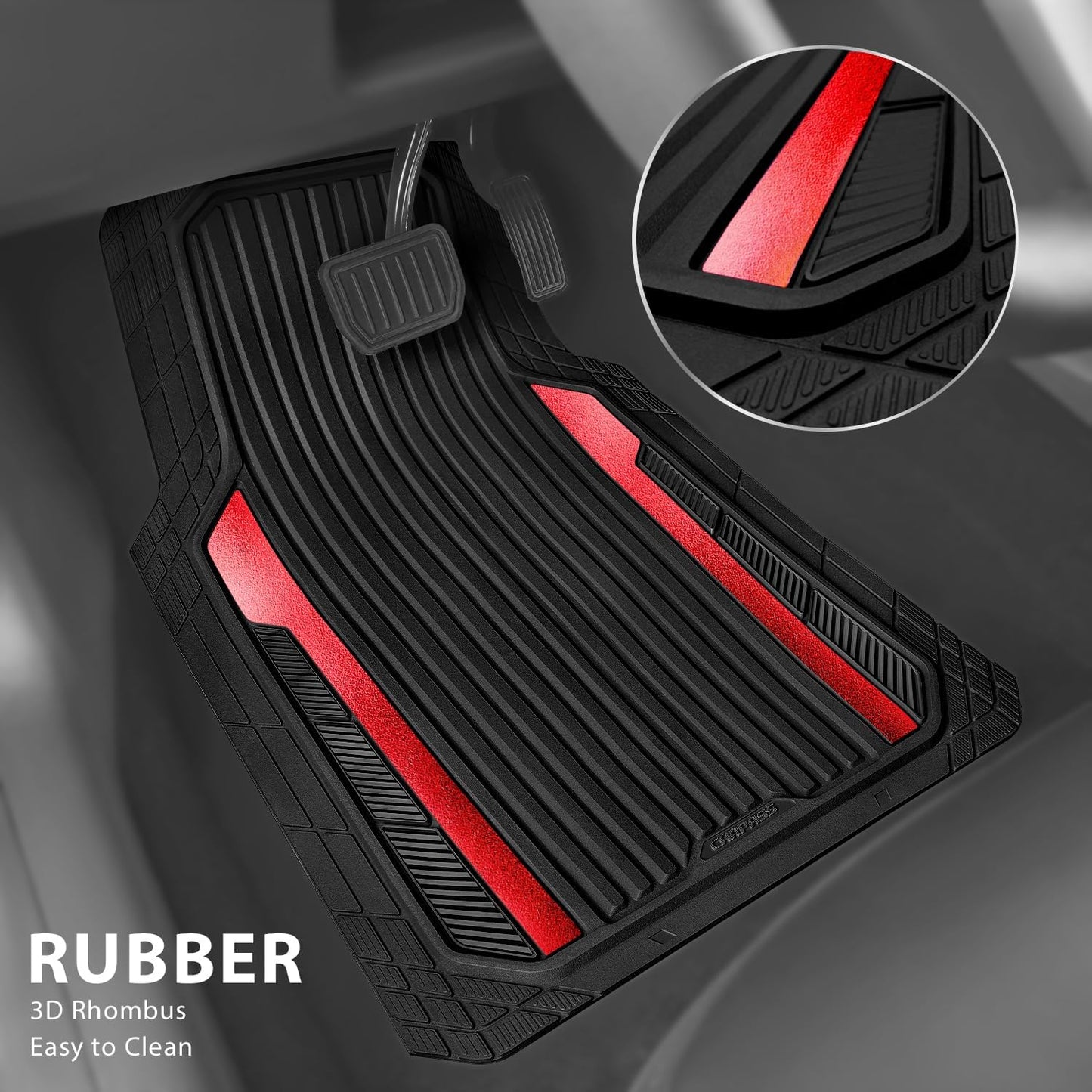 CAR PASS Heavy Duty Rubber Car Mats Metallic, Aluminum Film All Weather Floor Mats Waterproof Universal Trim to Fit Automotive SUV Sedan Van 4 Piece Anodized Deep Dish Two-Tone Sporty Black Red Chrome