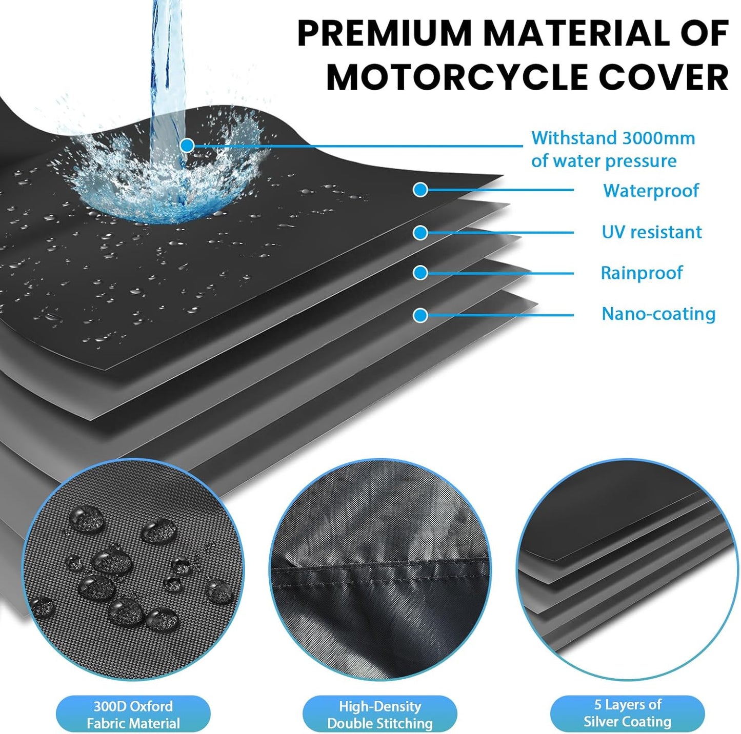 Motorbike Cover for Outside Storage, Waterproof Motorcycle Scooter Moped Cover Outdoor with 4 Reflective Strips and 2 Windproof Buckles, 2 Lock-Holes for Cruisers Sportbikes (2XL: 94 x 35 x 49 inch)