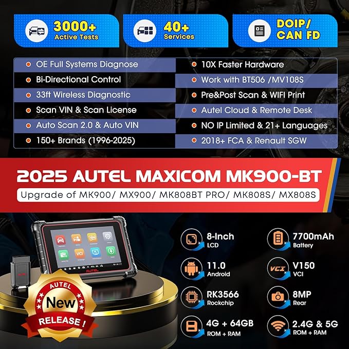 Autel Scanner MaxiCOM MK900BT: 2025 8in MK900-BT V2.0 Bidirectional Scan Tool, 33ft BT Ver. of MK900 MX900 MK808S MK808BT PRO MX808S MK808Z, 40+ Service, 3K+ Active Tests, DOIP CANFD, All System, FCA