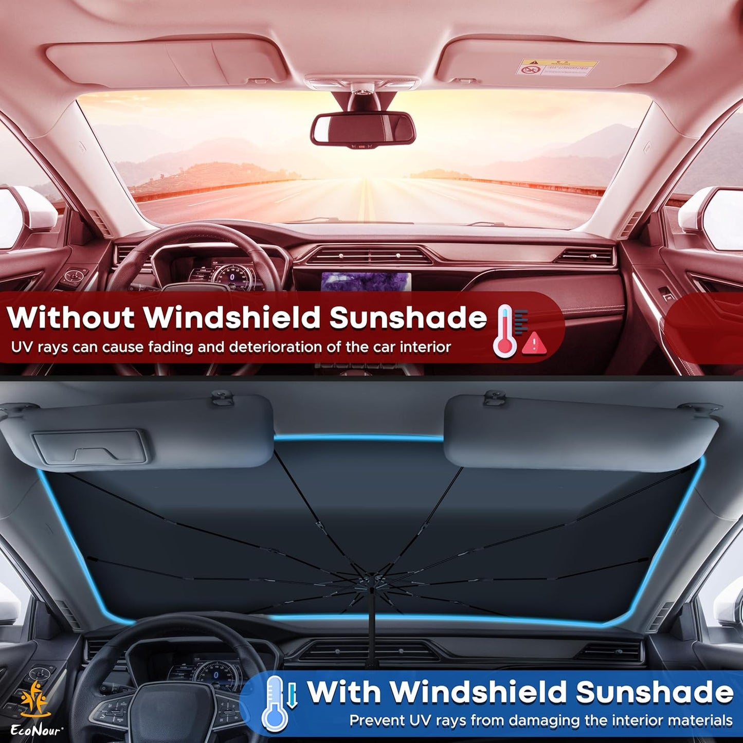 EcoNour Car Umbrella Windshield Sun Shade | Foldable UV Blocker Sun Shade | Polarized Car Sun Visor for SUV, Sedan, Truck | Umbrella Sun Shade Cover for Front Baby Window Shades