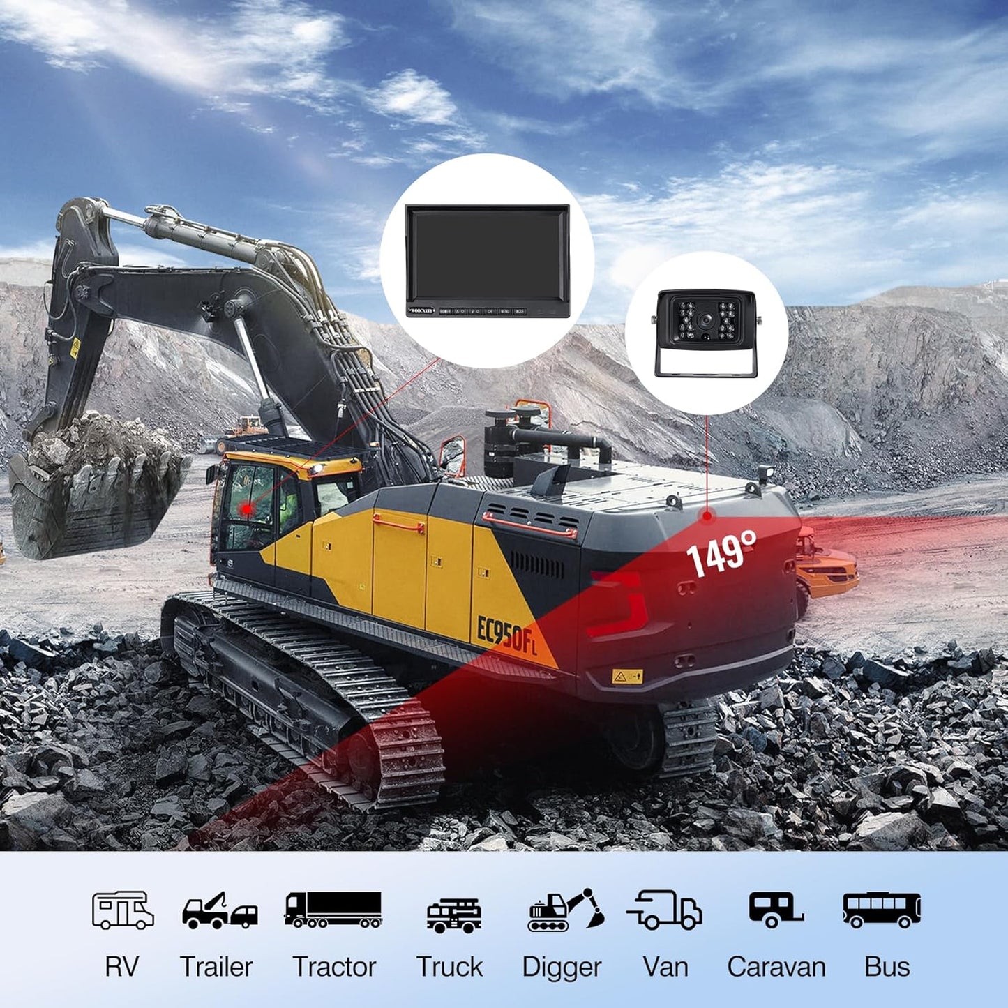 7-inch AHD1080P Wired RV Backup Camera System, IP69k Waterproof IR Night Vision Reversing Camera, Vibration-Proof 20G for Trailer/Tractors/Truck/Excavator/Caravan/Skid Steer/Heavy Equipment