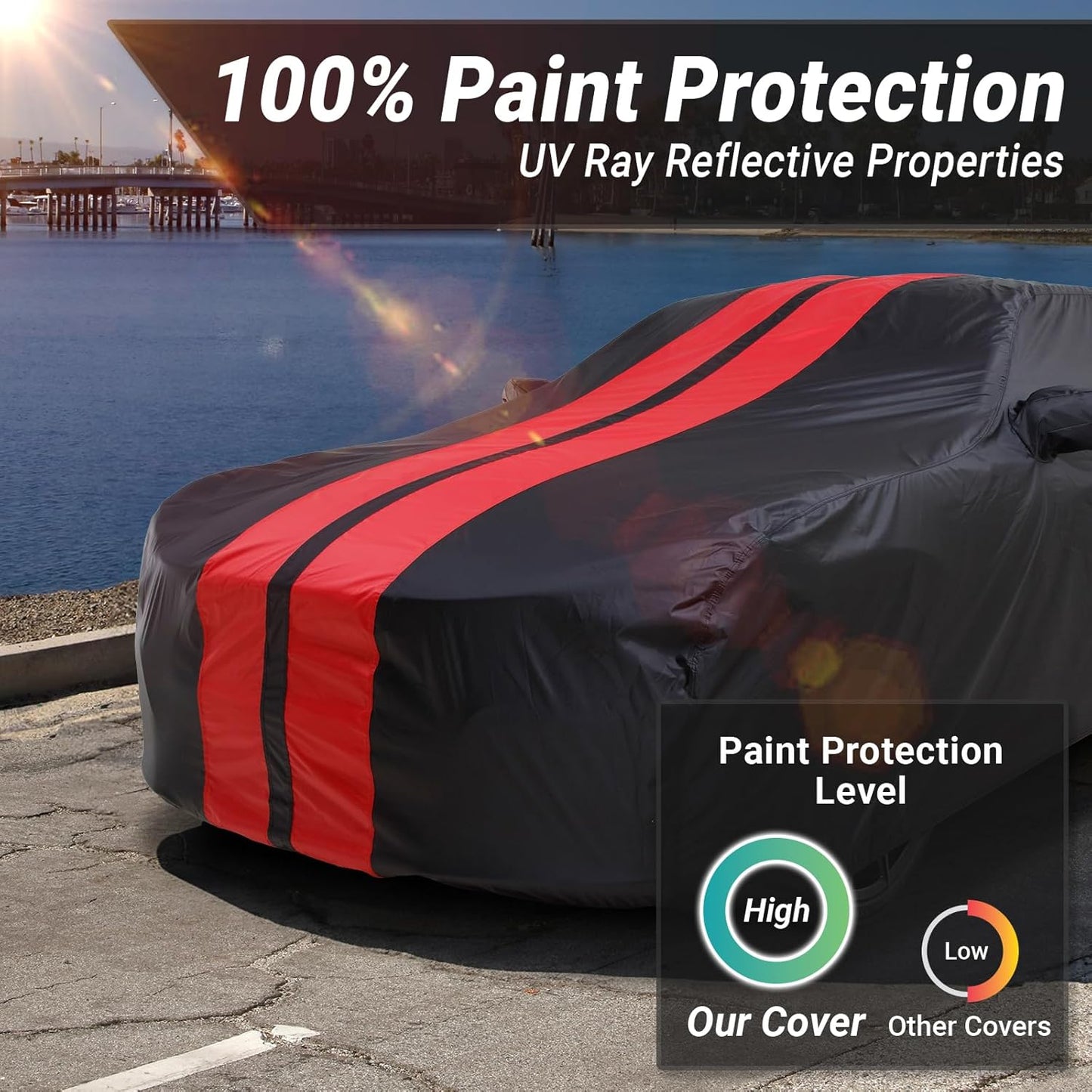 iCarCover Custom Car Cover for Chevy Lumina Sedan (1990-2001) Waterproof All Weather Rain Snow UV Sun Protector Full Exterior Indoor Outdoor Car Cover (Stripe - Black/Red)
