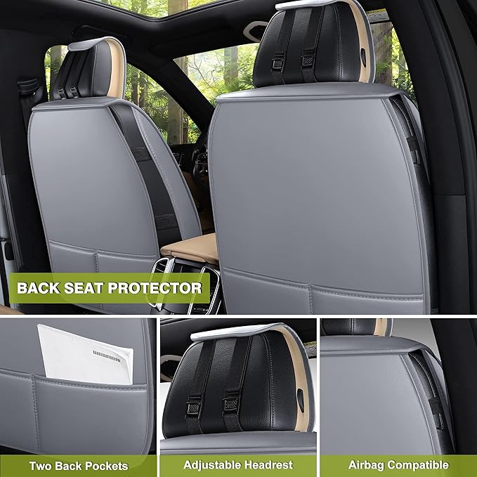AOOG Leather Car Seat Covers, Leatherette Automotive Seat Covers for Cars SUV Pick-up Truck, Non-Slip Vehicle Car Seat Covers Universal Fit Set for Auto Interior Accessories, Full Set, Gray
