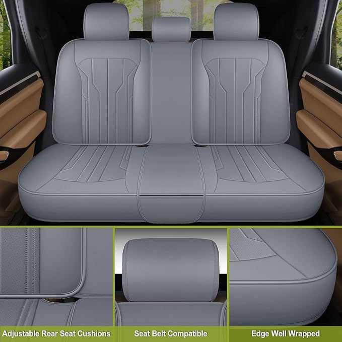 AOOG Leather Car Seat Covers, Leatherette Automotive Seat Covers for Cars SUV Pick-up Truck, Non-Slip Vehicle Car Seat Covers Universal Fit Set for Auto Interior Accessories, Full Set, Gray