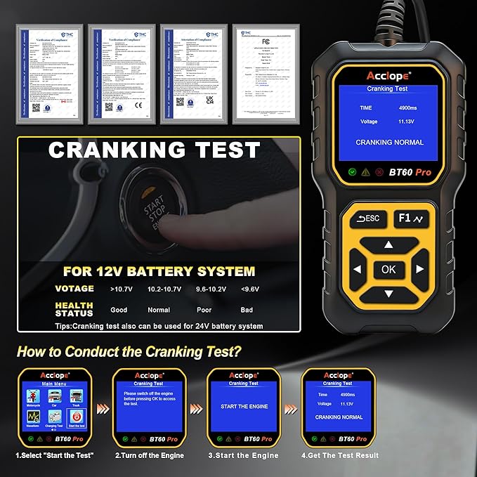 BT60 Pro Car Battery Tester, Digital Analyzer with Cloud Printing, 100-3000 CCA Range for 6V/12V/24V AGM, Lithium, Gel Batteries, Automotive Charging System