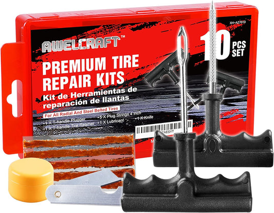 Economical Tire Repair Kit to Fix Punctures and Plug Flats, 10-Piece Value Pack, Ideal for Cars, Trucks, Motorcycles, ATV, with Storage case