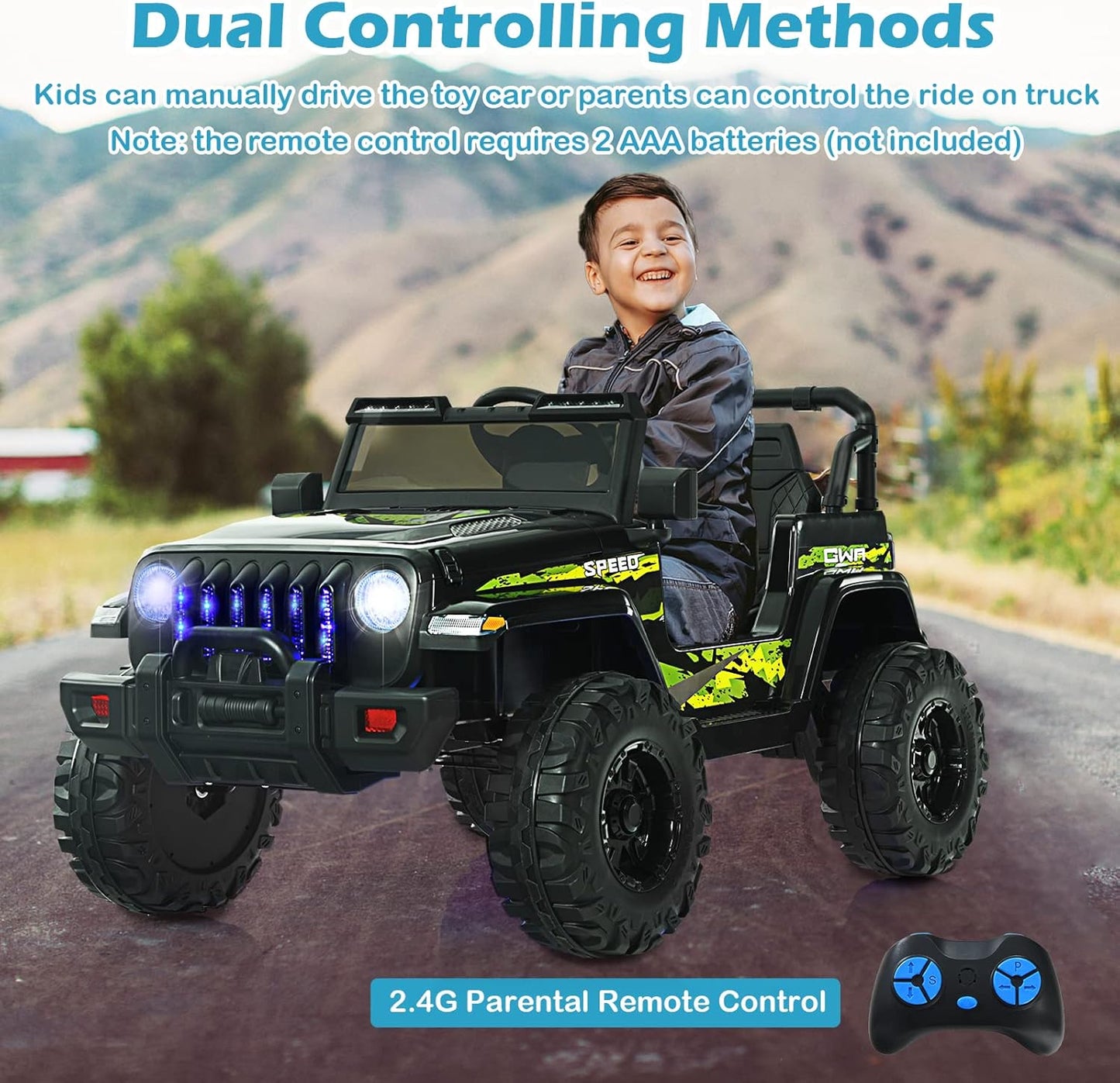 INFANS Kids Ride on Car Truck with 2.4G Remote Control, 12V Battery Powered Electric Cars for Kids w/3 Speeds, Battery Display, LED Lights, Safety Belt, Music & Horn, Bluetooth/FM/USB (Dark Black)