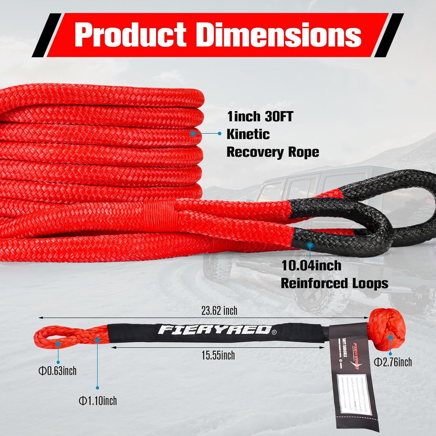 FieryRed Kinetic Recovery Rope Kit with 2 Soft Shackles, 1 Inch x 30 FT Tow Rope,Heavy Duty Offroad Snatch Strap for UTV, ATV, Truck, Car, Jeep, Tractor