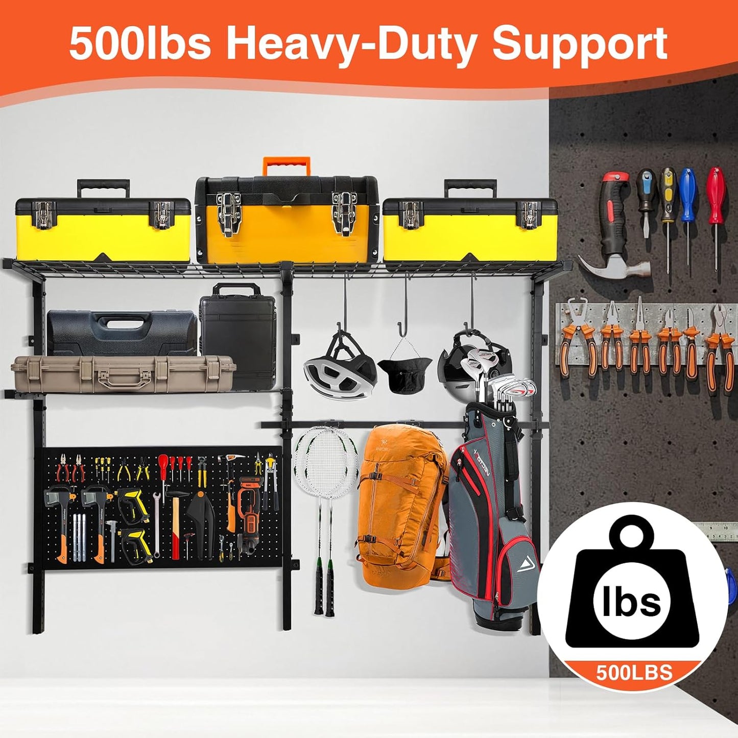 Garage Shelf Wall Mounted with Pegboard Heavy Duty Garage Wall Shelving with Garden Tool Rack and Hooks Garage Tool Organizer for Home Garden Yard Organization and Storage Holds 500lbs