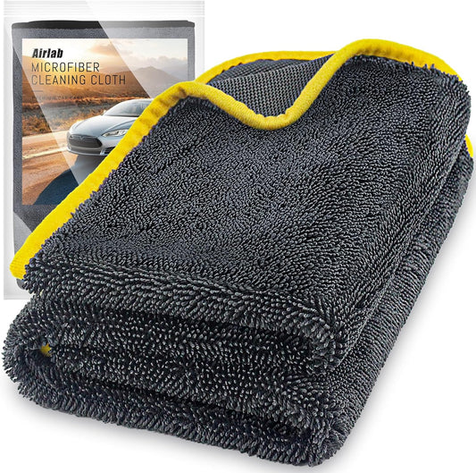 Airlab Microfiber Towels for Cars Wash Drying Extra Large Super Absorbent Cleaning Cloth Auto Detailing Ultra Soft, Lint-Free, Streak-Free, 35 x 24 Inch, Pack of 1, Grey-Yellow, 600 GSM