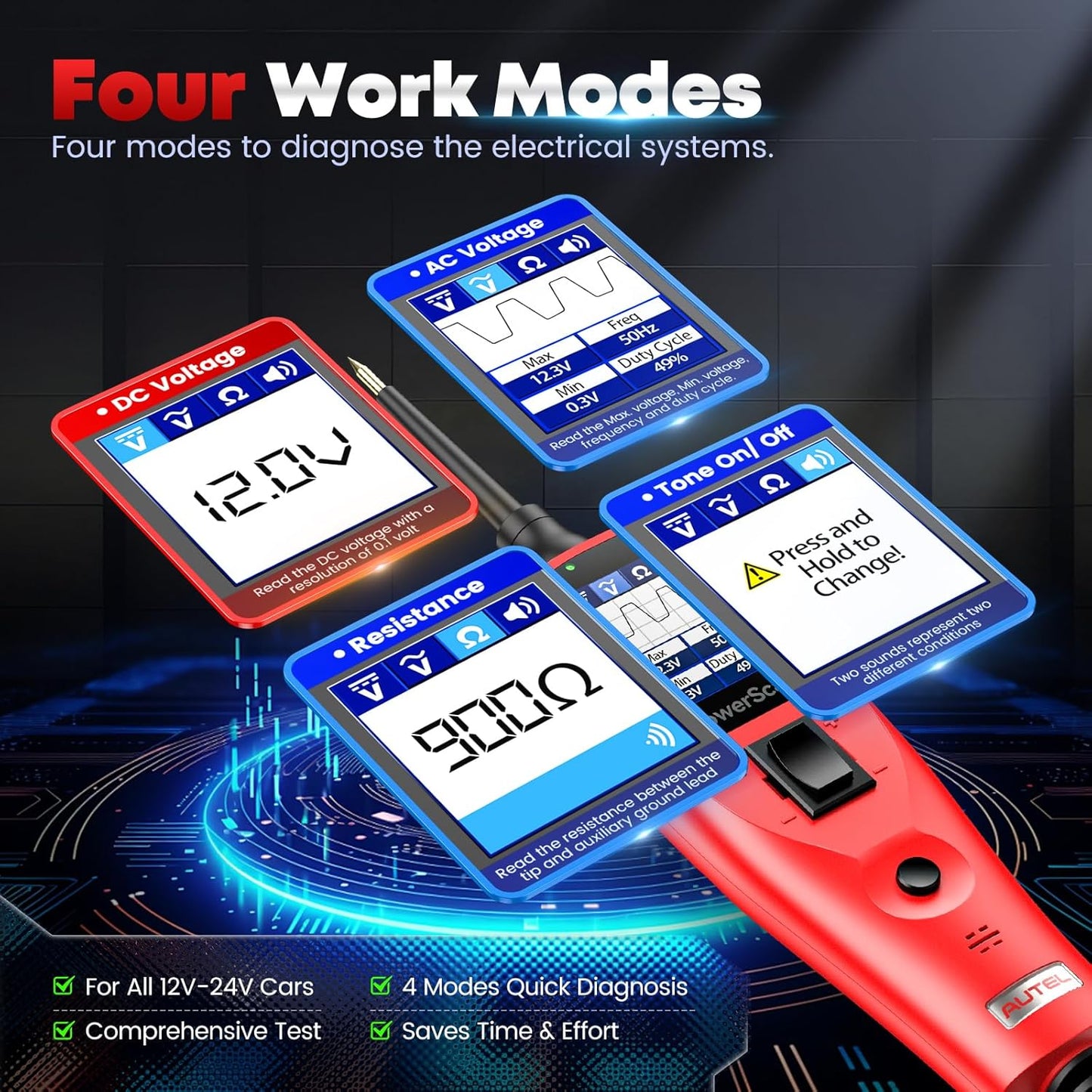 Autel PowerScan Automotive Circuit Tester, Power Circuit Probe Tool, 12-24V Electrical Short Open Breaker Circuit Finder, AC/DC Current Resistance, Duty Cycle, & 20FT Extension Cord, for 99% Cars