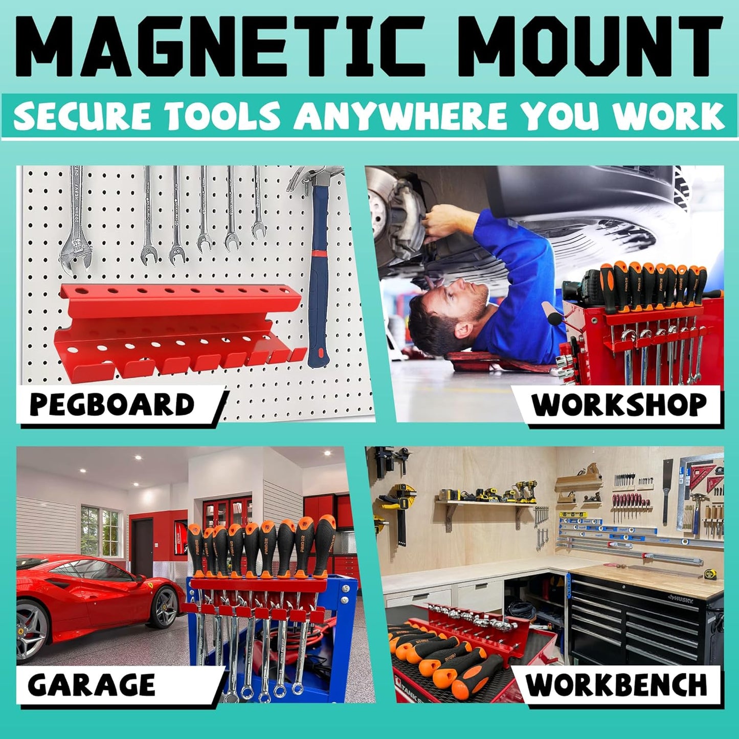 ULIBERMAGNET Magnetic Wrench Holder,Heavy Duty Red Magnetic Screwdriver Holder,Wrench Screwdriver Shear Organizer Rack Magnetic Mount Multiple Tools Rack for Garage,Tool Cart,Pegboards,Workbench