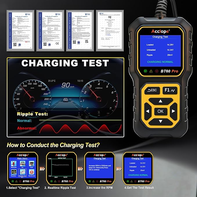 BT60 Pro Car Battery Tester, Digital Analyzer with Cloud Printing, 100-3000 CCA Range for 6V/12V/24V AGM, Lithium, Gel Batteries, Automotive Charging System