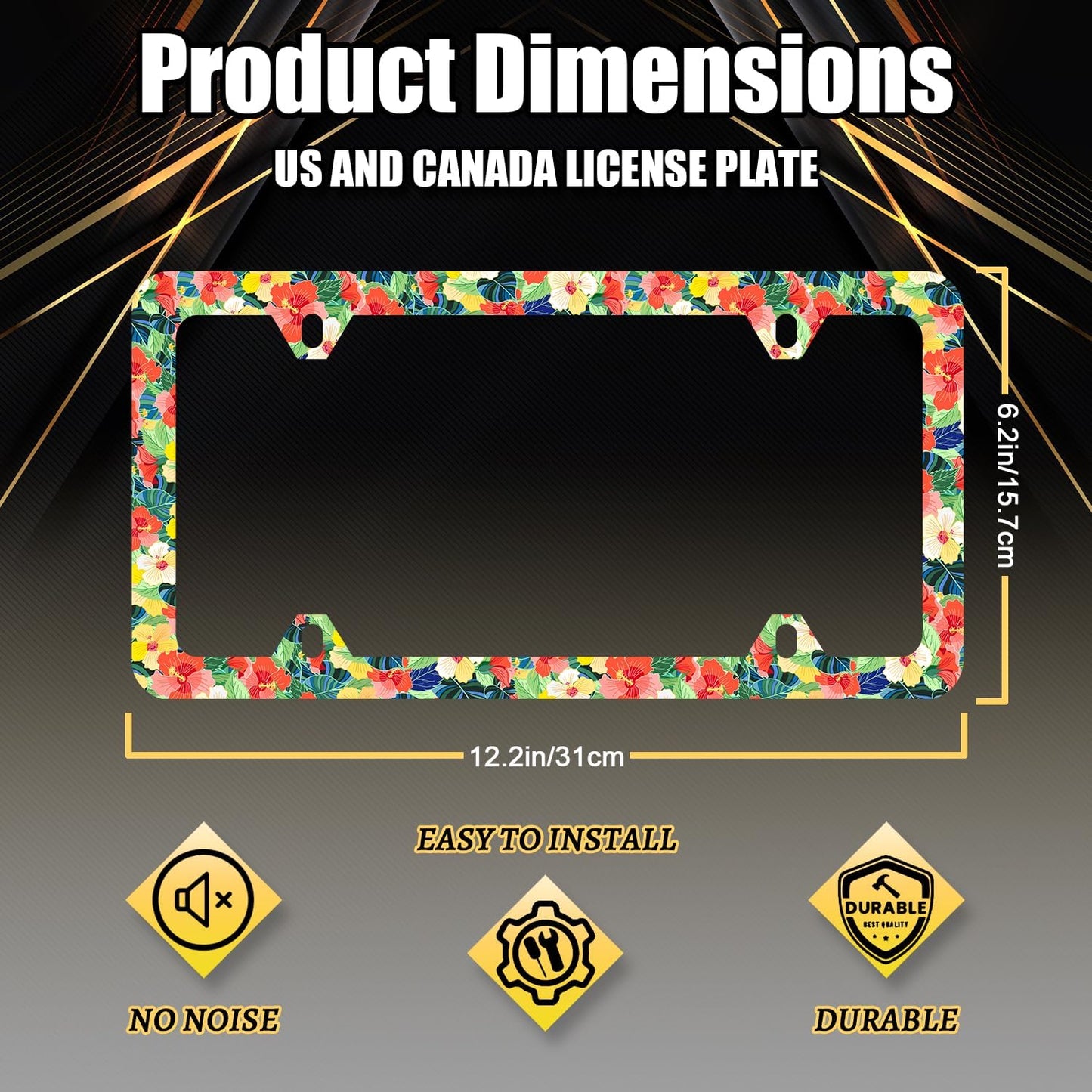 Pink Yellow Hibiscus License Plate Frame Hawaii Floral Flowers License Plate Holder Colorful License Plate for Car Decoration Stainless Steel Car Accessory with Screws Women 12.3" x 6.3"