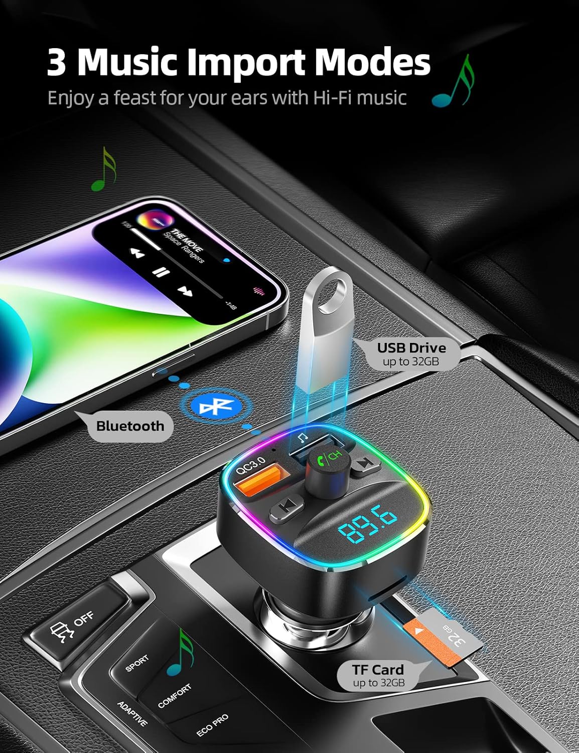 Nulaxy Bluetooth FM Transmitter, Bluetooth Car Adapter with Dual USB Charger Wireless Radio Car Kit MP3 Player Support TF Card & USB Disk, Hands-Free Calling, 7 Colors Led Backlit Light, Black