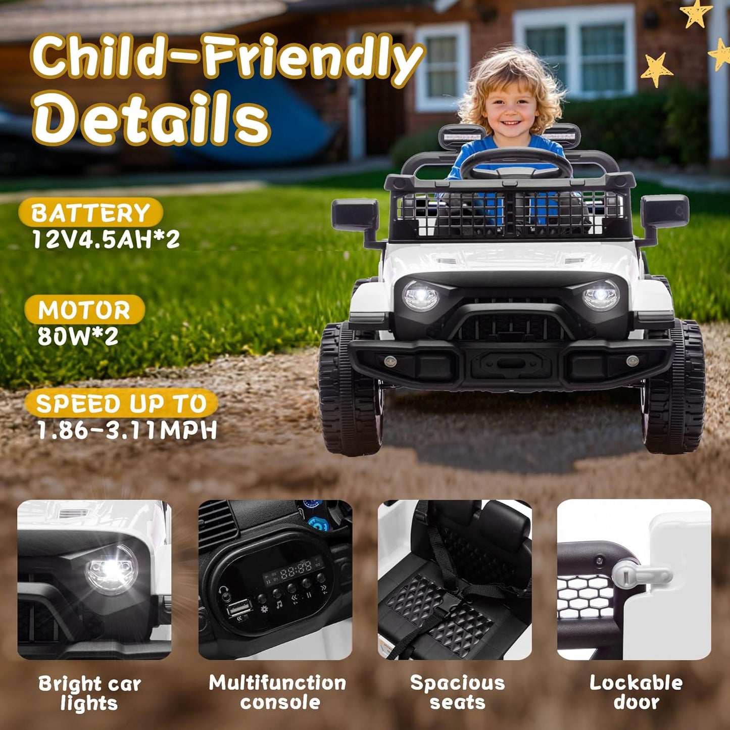 24V Ride on Toys with Parents Control, Ride on TruckCar with Four-Wheel Suspension, Electric Vehicles for Kids, PowerDisplay, Bluetooth, MP3, Music, LED Headlight, 1.86-3.11MPH (White)