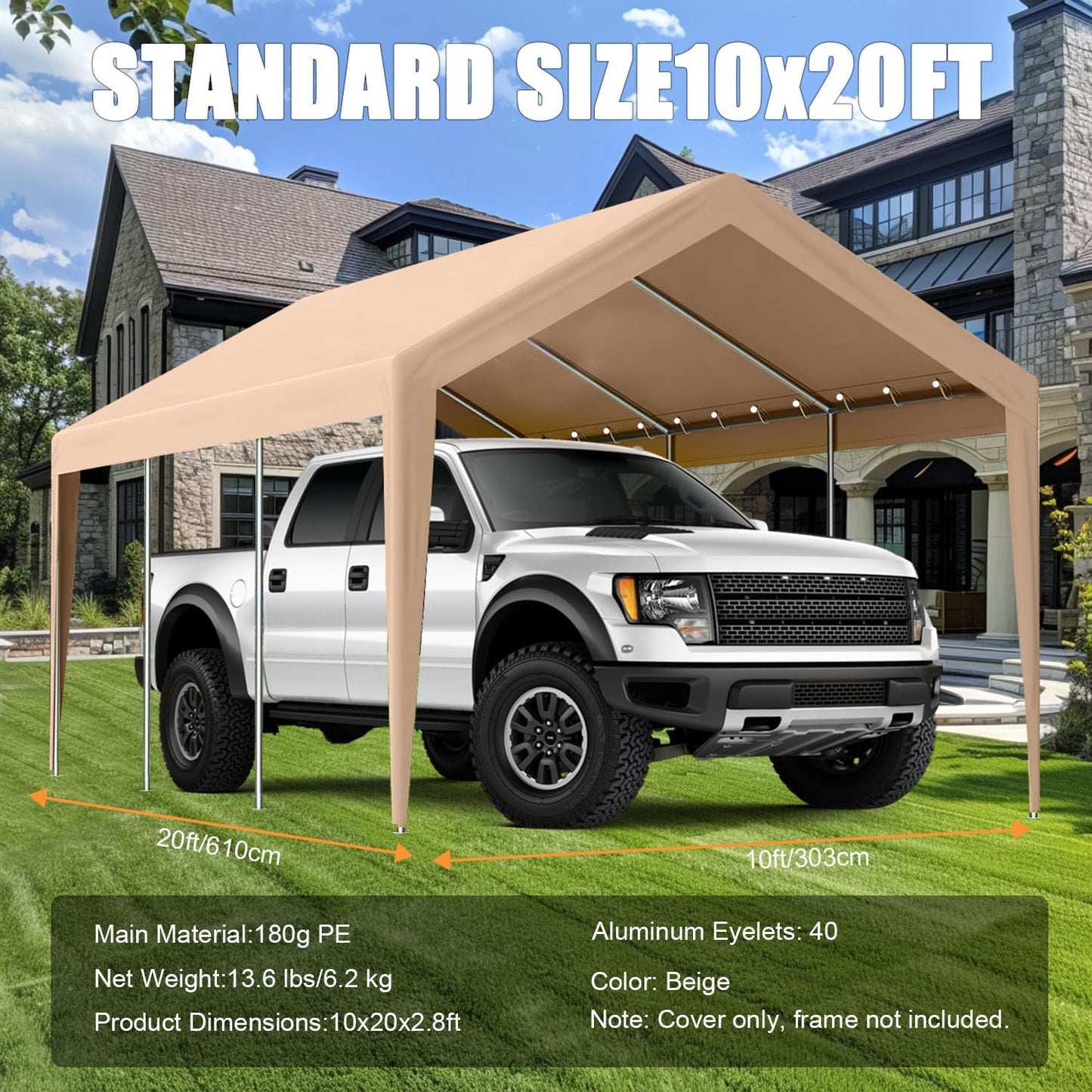 Carport Canopy 10'x20' Heavy Duty Replacement Cover, Beefull Carport Replacement Canopy for Car Garage, Waterproof & UV Protected Tarp with Ball Bungees, Beige(Frame is not Included)
