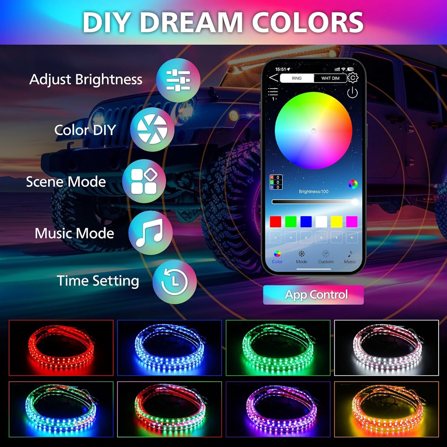 Underglow LED Lights for Cars 252 LEDs RGBI Neon Accent Strip Lights with App and 16 Million Colors DIY & Music Mode Underbody Exterior Lights Kit for RV SUV Truck Boat 12V