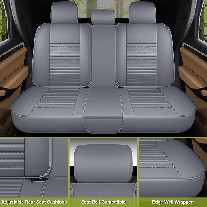 AOOG Leather Car Seat Covers, Leatherette Automotive Seat Covers for Cars SUV Pick-up Truck, Non-Slip Vehicle Car Seat Covers Universal Fit Set for Auto Interior Accessories, Full Set, Gray