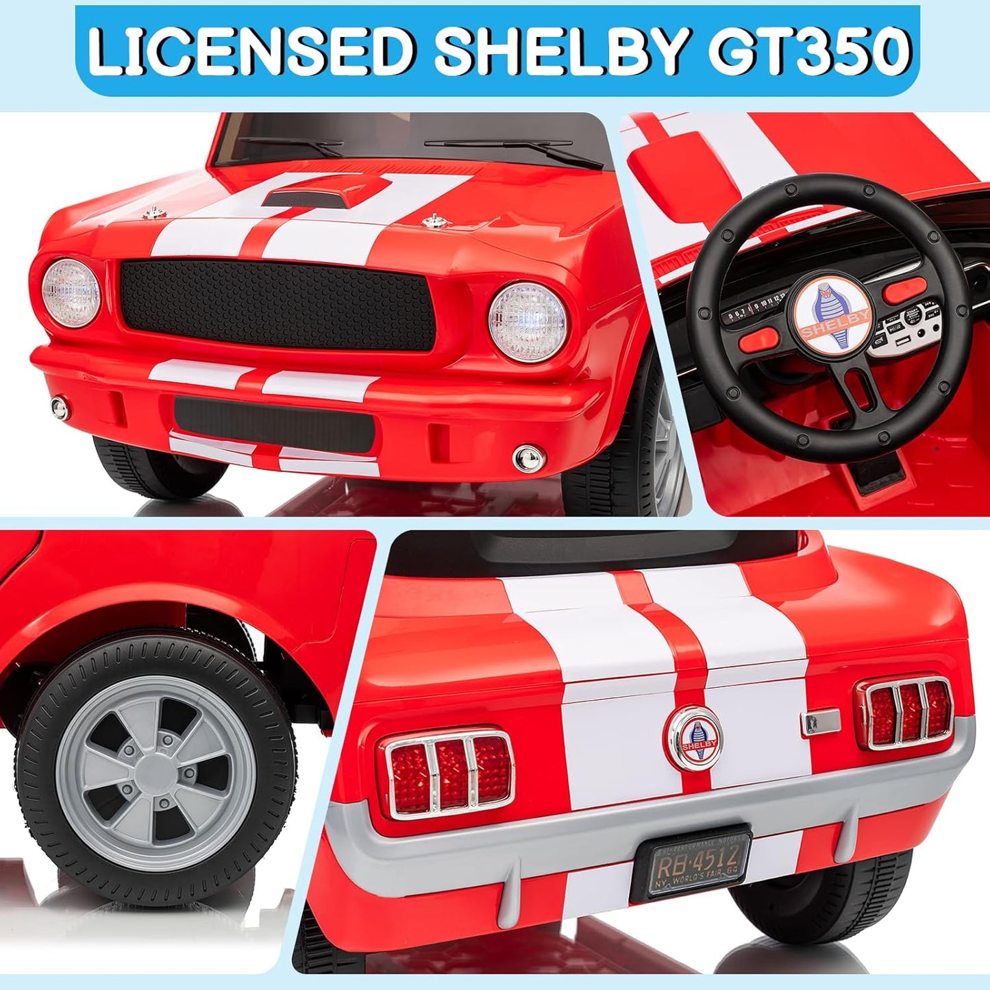 Winado Licensed Shelby Electric Car for Kids, Battery Powered Ride On Toy for Toddlers with Remote Control, Upgrade Display Panel, Bluetooth, Shock Absorbers, Safety Belt, 3 Speeds, LED Lights - Red