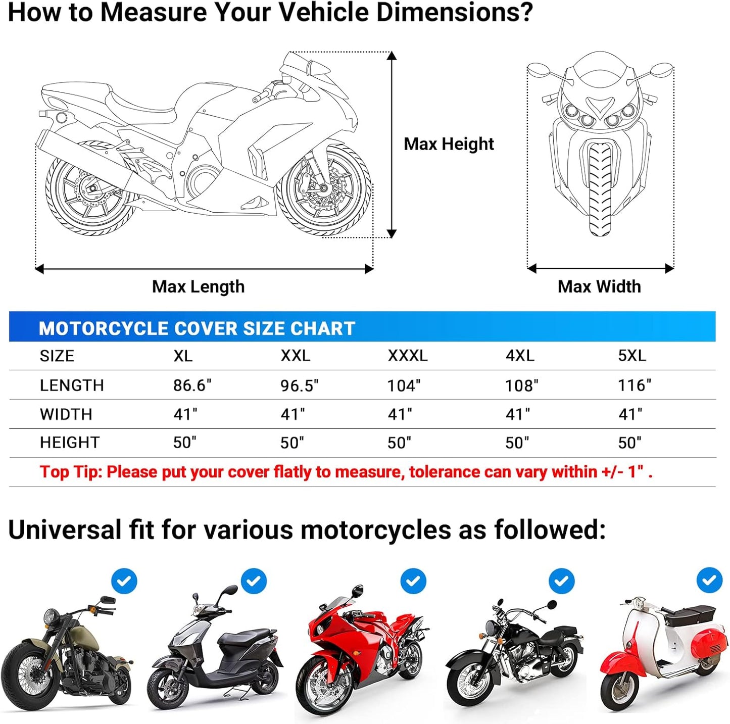 Favoto Motorcycle Cover 96.5 inches Length All Season Universal Weather Waterproof Rain Sun Outdoor Protection Night Reflector with Lock-Holes Storage Bag Motorbike Vehicle Cover