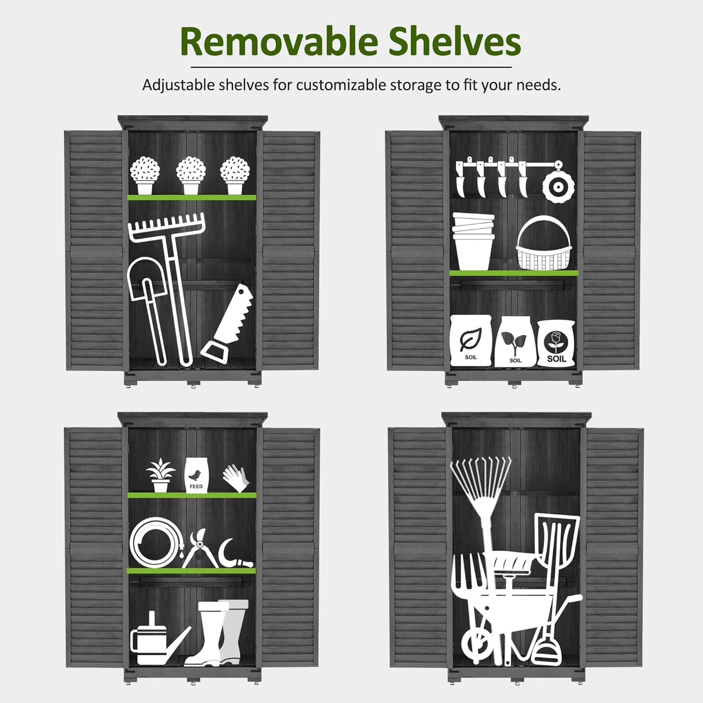 MCombo Outdoor Storage Cabinet, Garden Storage Shed, Outside Vertical Shed with Lockers, Outdoor 63 Inches Wood Tall Cabinet for Yard and Patio 0870 (Grey)