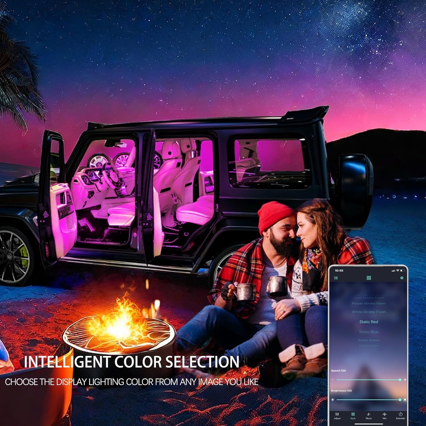 Smart USB Interior Car LED Strip Light with App Control,RGB Neon Atmosphere Lights, USB 5V Ambient Night Light Decorative Lamp, Multi Color Strip Light for Cars with Music and DIY Mode (RGB 72LEDs)