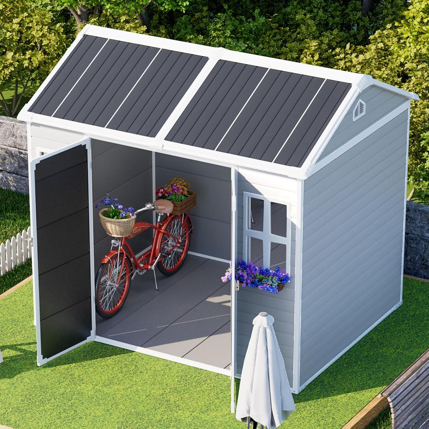 8x6 Shed Plastic Outdoor Storage with Floor Included, Waterproof Lockable Garden Shed Resin Tool Shed Cabinet