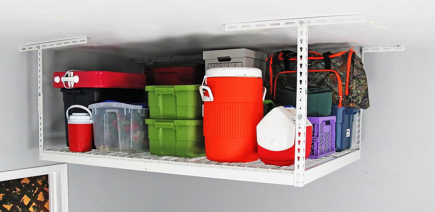 SafeRacks 4x6 Overhead Garage Storage Rack - Height Adjustable Steel Overhead Storage Rack - 500 Pound Weight Capacity (White, 12"-21")